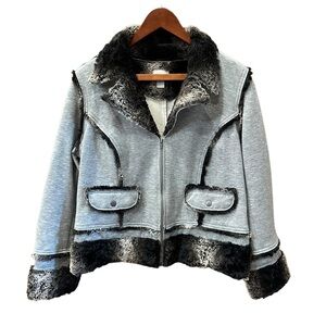 Chico’s gray and Brown Short Zip Front Jacket with Fur Accents